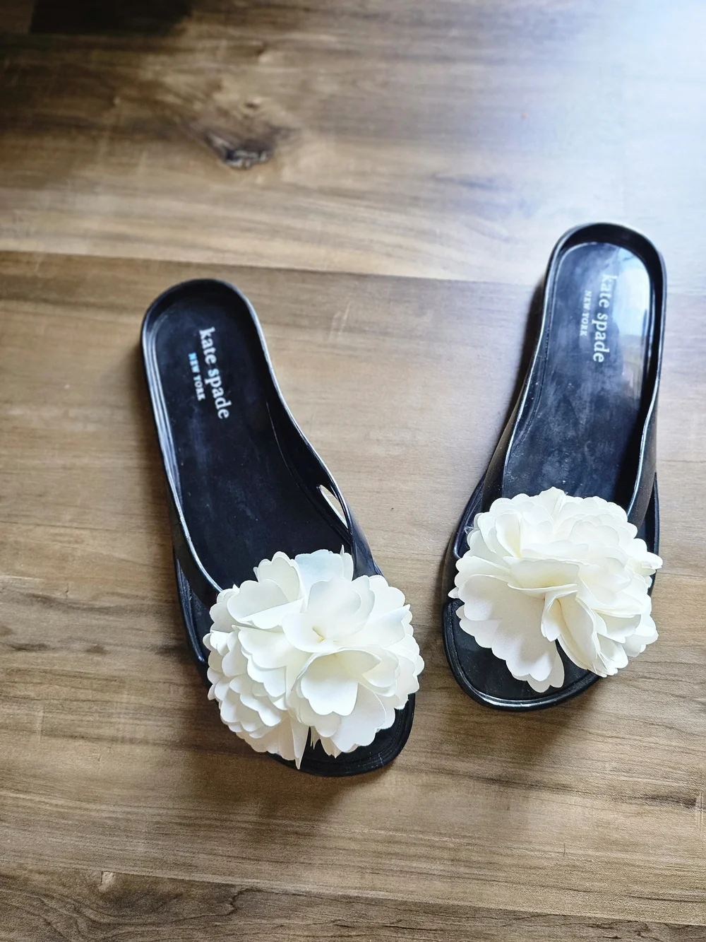 Kate Spade Black Jelly Slide Sandals with White Floral Accent